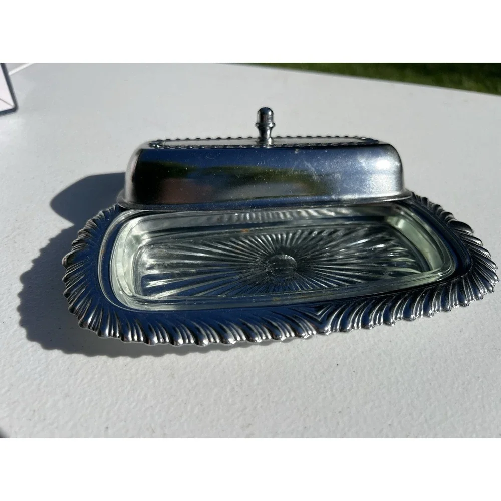 Vintage Irwin Ware Metal Butter Dish With Glass Insert And Lid MCM-Made In USA